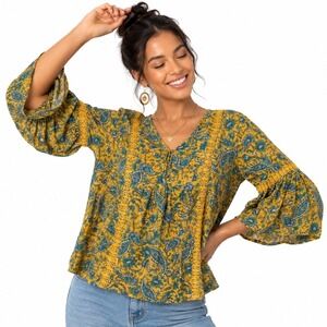 Aveology Paisley Blouse Womens 22 24 Yellow Blue Floral Crochet Bell Sleeve Boho
